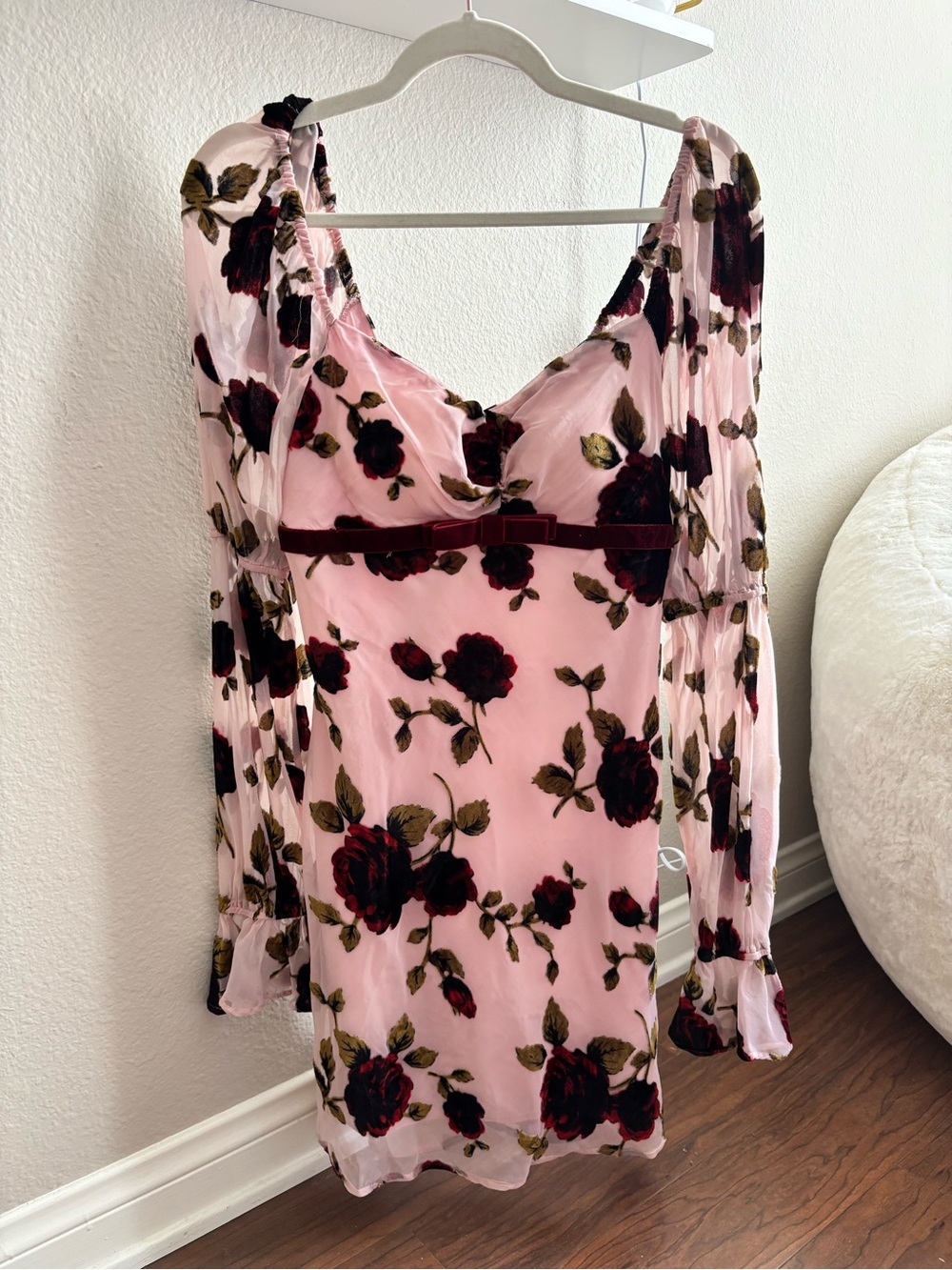 Avec Les Filles Pink and Burgundy Floral Velvet Burnout Dress